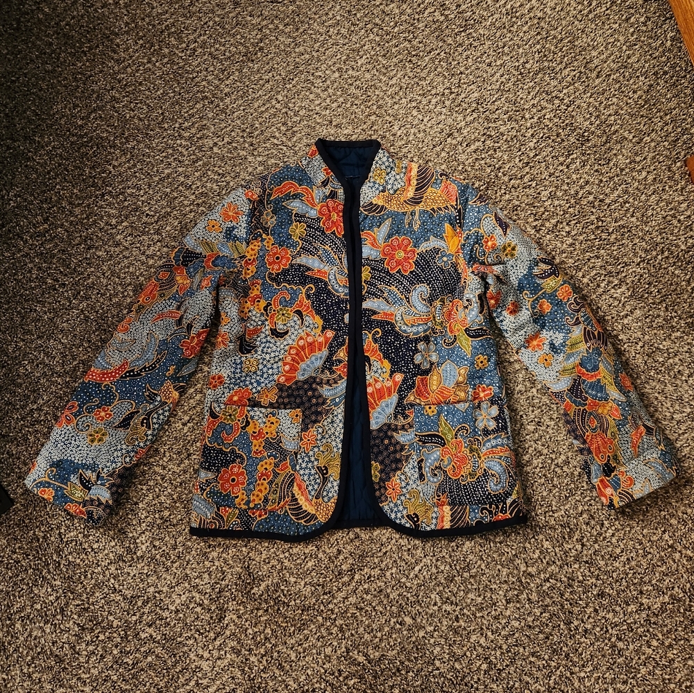 Handmade Quilted Cotton Floral Peacock Jacket Blazer Blue Medium